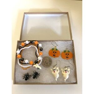 HALLOWEEN Costume Jewelry Stretch Bracelet, Ghost, Spider and Pumpkin Earrings